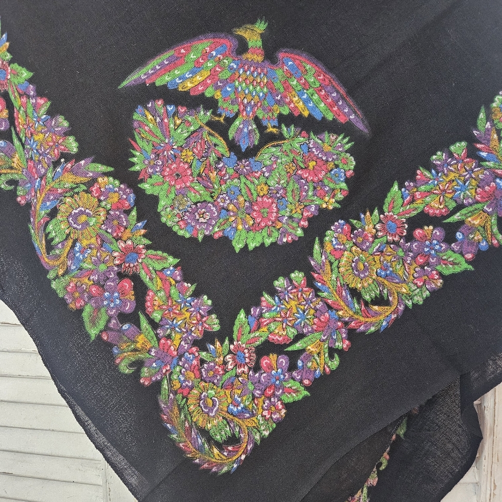 Vintage 70s Black Cotton Square Scarf/Shawl With Vibrant Printed Border Design - Picture 6 of 10